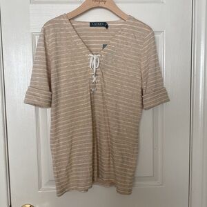 Lauren by Ralph Lauren short sleeve striped scoop neck lace-up tan classic top